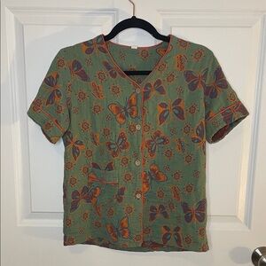 Boho Butterfly Print Cotton Blouse M Artisan Button Front Green Orange
